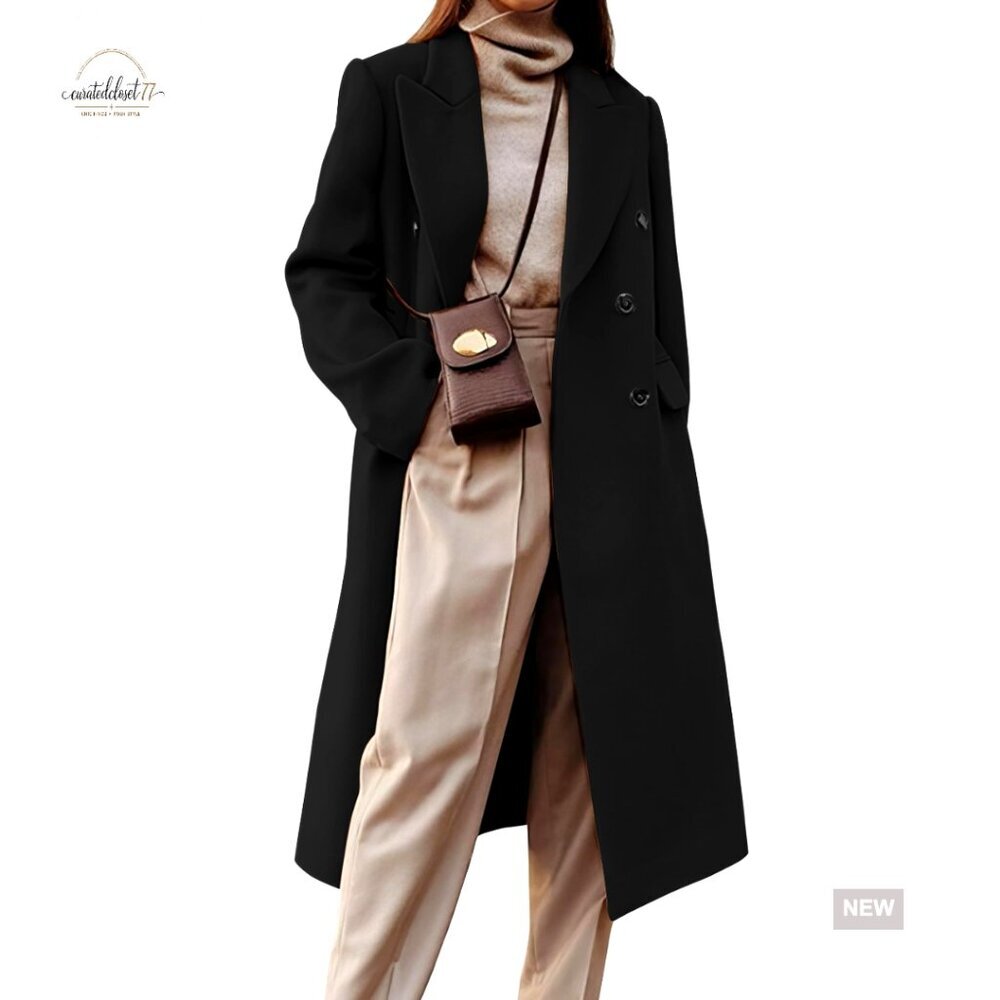 Long Wool Pea Coat Double Breasted Trench Winter Coat Knee Length